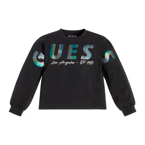 Спортна блуза с дълъг ръкав за момиче в черно с многоцветен надпис Guess
