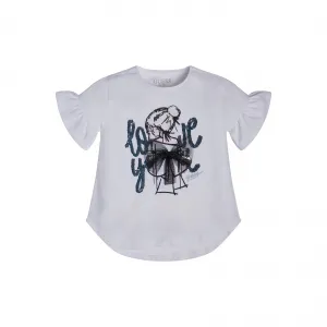 Тениска в бяло с асимтерична кройка и воали на ръкавите Guess