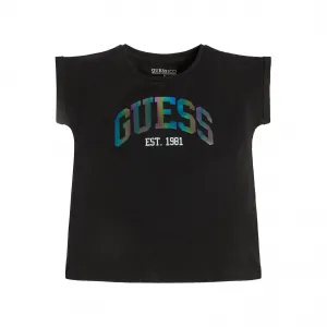 Тениска с къс ръкав в черно за момиче с голям цветен надпис Guess