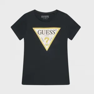 Черна блуза с къс ръкав за момиче с триъгълно лого в жълто Guess