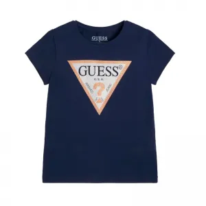 Тъмно синя блуза с къс ръкав за момиче с триъгълно лого Guess