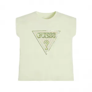 Тениска с къс ръкав в бледо зелено за момиче с пайети Guess
