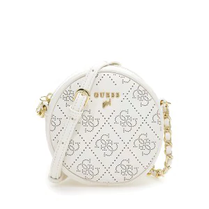 Малка кръгла чанта в бяло с лого Guess