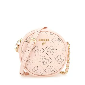 Малка кръгла чанта в бледо розово с лого Guess