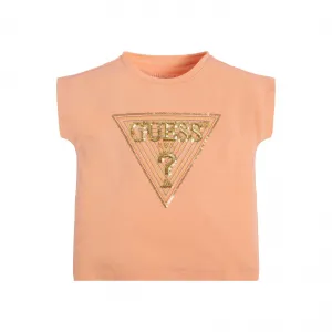 Тениска с къс ръкав в прасковен цвят за момиче със златисти пайети Guess