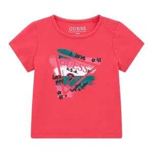 Коралова тениска с къс ръкав с цветна щампа отпред за бебе момиче Guess