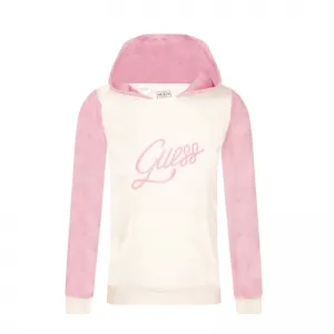 Двуцветен плътен плюшен суичър за момиче с качулка Guess
