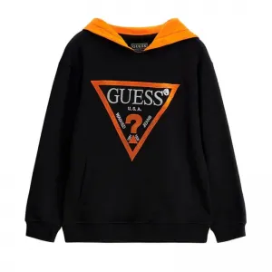 Спортен суичър без цип за момче в черно с плюшено оранжево лого Guess