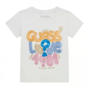 Бяла тениска с къс ръкав с цветни надписи и глитери за момиче Guess