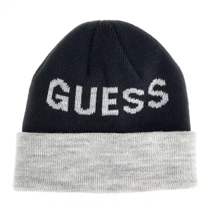 Двуцветна зимна шапка в синьо и сиво с надпис Guess