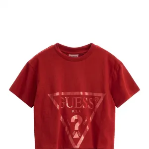 Къса тениска за момиче в червено с голямо лого Guess