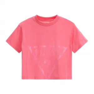 Къса тениска за момиче в розово с голямо лого Guess