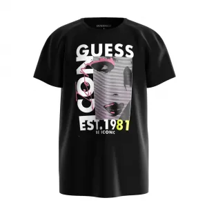 Тениска в черно за момиче oversize с цветна щампа и надпис Guess