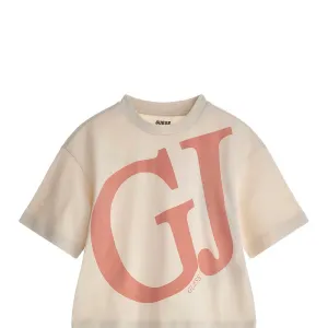Къса тениска за момиче в бежово с големи контрастни букви Guess
