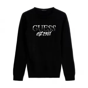 Пуловер за момиче в черно с надпис и камъни Guess