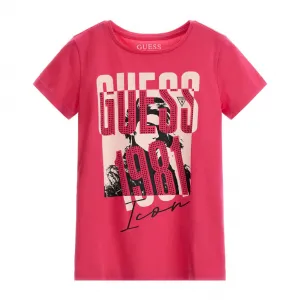 Тениска с къс ръкав в коралово за момиче Guess с камъни