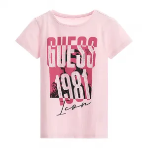 Тениска с къс ръкав в бледо розово за момиче Guess с камъни