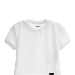 Къса тениска за момиче в бяло с релефни лога Guess