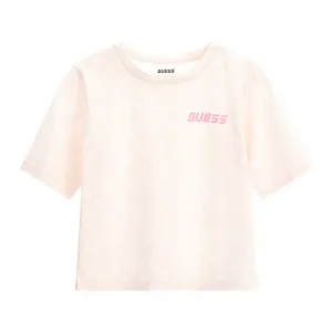 Къса тениска за момиче в бежово с контрастно лого Guess