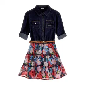 Комбинирана рокля с деним и тюл на цветя за момиче Guess