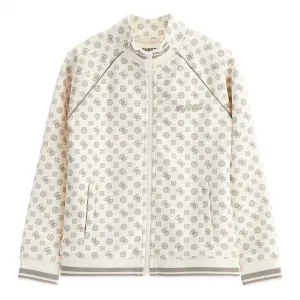 Суичър с цип за момиче в цвят шампанско покрит с надписи Guess
