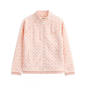 Суичър с цип за момиче в розово покрит с надписи Guess