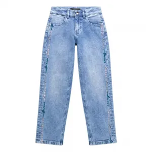 Прав деним панталон за момиче с бродирани надписи Guess
