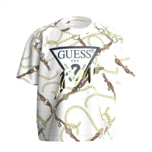 Къса тениска за момиче в бяло със златисти детайли Guess