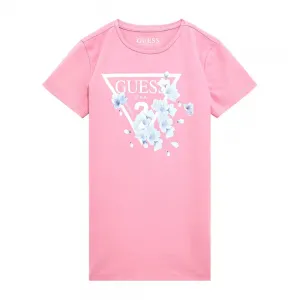 Розова тениска с къс ръкав с цветя и бяло лого Guess