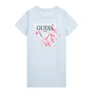 Светло синя тениска с къс ръкав с цветя и бяло лого Guess