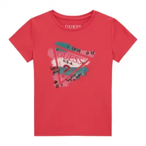 Коралова тениска с къс ръкав с цветна щампа отпред за момиче Guess