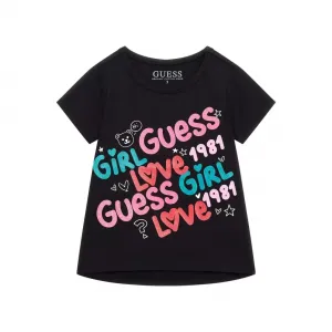 Черна тениска с многоцветни надписи за момиче Guess
