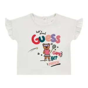 Къса тениска в бяло с бродирани детайли и цветни надписи Guess