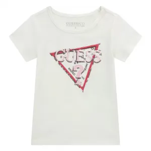Тениска с къс ръкав в бяло за момиче с лого с пайети Guess