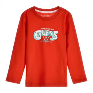 Памучна тениска за момче с дълъг ръкав в червено с цветен надпис Guess