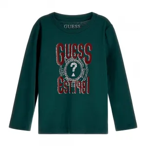 Памучна блуза за момче с дълъг ръкав в зелено с контрастен надпис Guess