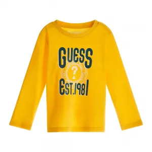 Памучна блуза за момче с дълъг ръкав в жълто с контрастен надпис Guess