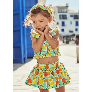 Комплект пола total look аква с плодове, с потник и лента за глава за мини момиче Майорал