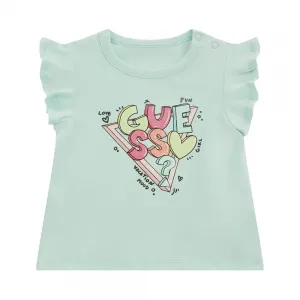 Бледо зелета тениска с къдрички за бебе момиче с цветни букви Guess