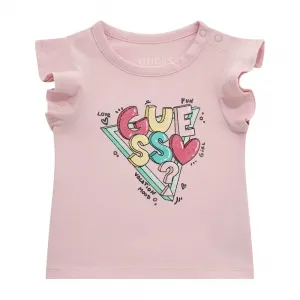 Бледо розова тениска с къдрички за бебе момиче с цветни букви Guess