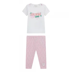 Бяла тениска с цветен надпис и розов клин с детайли за бебе момиче Guess