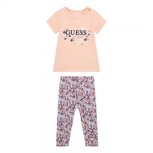Розова тениска с цветен надпис и клин на цветя за бебе момиче Guess