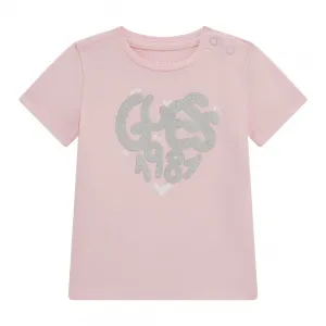 Бледо розова тениска за бебе момиче със сребрист надпис Guess