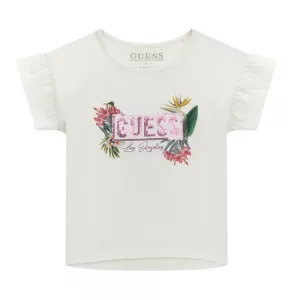 Бялa тениска с тропически мотиви и розови пайети за мини момиче Guess