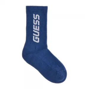 Сини дълги чорапи за момче с надпис Guess в бяло