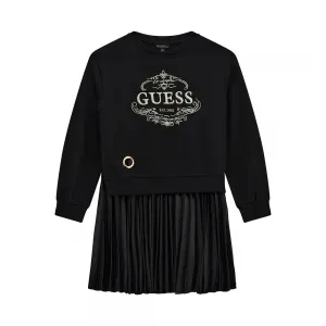 Комбинирана рокля за момиче в черно със златист надпис Guess