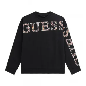 Черна плътна блуза за момиче с релефен надпис с цветя Guess