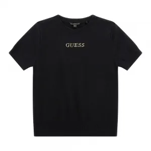 Пуловер с къс ръкав в черно за момиче със златист надпис Guess