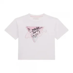 Къса тениска в бяло за момиче с розова щампа и надпис Guess