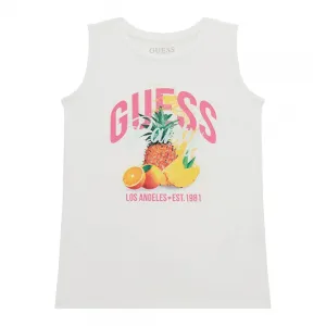 Бял потник за момиче с плодове и розов надпис Guess